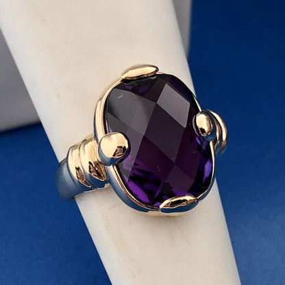 Modernist 14K Yellow Gold Cushion Cut Rectangle Purple Gemstone Anniversary Ring