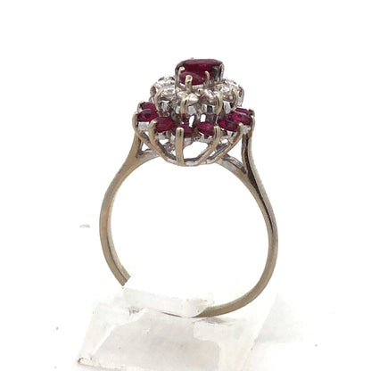 14K White Gold Ruby Diamond Cluster Bridal Birthstone Anniversary Cocktail Ring