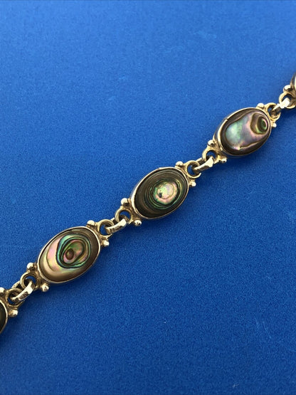 Vintage Taxco Mexico 925 Sterling Silver Abalone Oval Panel Link Bracelet