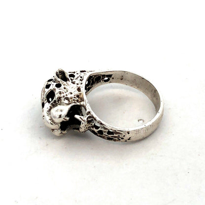 Vintage Mexico 925 Sterling Silver Cheetah Jaguar Cat Head Statement Ring