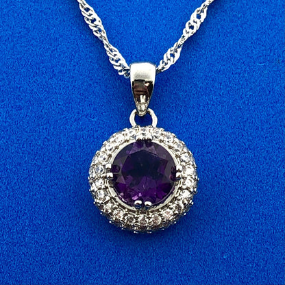 Gold Coast Platinum Plated Amethyst Cubic Zirconia Button Pendant Necklace