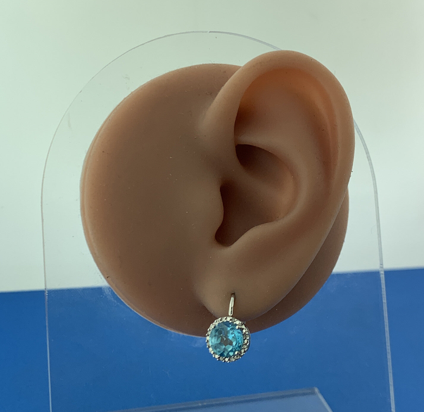 Designer 925 Sterling Silver Blue Topaz Diamond Halo Lever Back Earrings