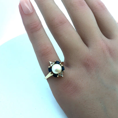 Designer 14K Yellow Gold Pearl Solitaire Sapphire Diamond Accented Cocktail Ring