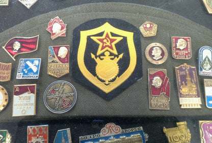 VINTAGE SOVIET UNION USSR RUSSIAN PIN COLLECTION WITH RUSSIAN MILITARY CAP