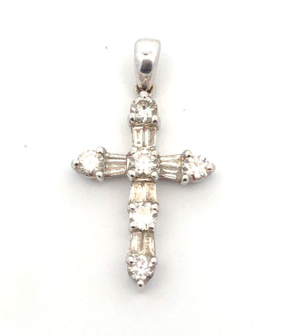 18K White Gold Round & Baguette Diamond Encrusted Religious Cross Pendant