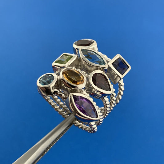 ATI 925 Sterling Silver Mixed Gemstone Five Rope Band Statement Cocktail Ring