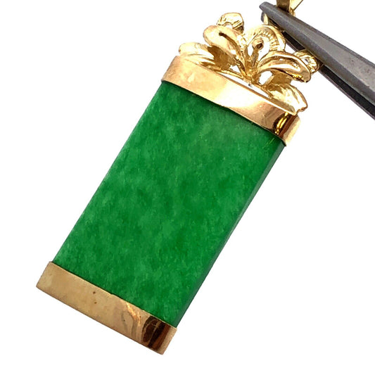 Estate 14K Yellow Gold Green Jade Rectangle Pendant