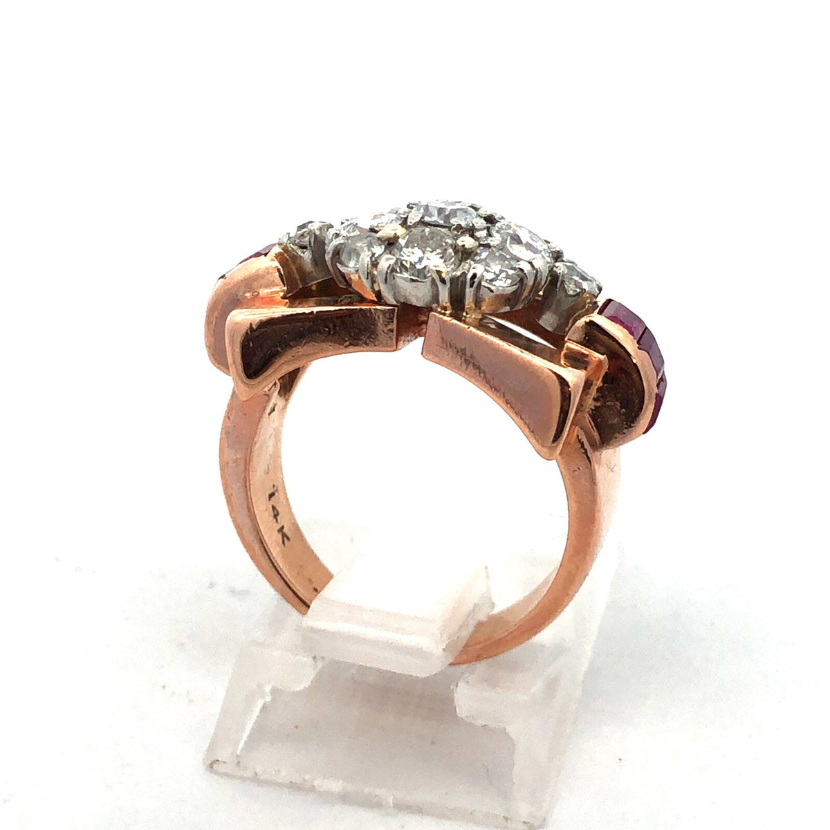 Unusual 14K Rose Gold Diamond Floral Cluster Ruby Baguette Accent Cocktail Ring