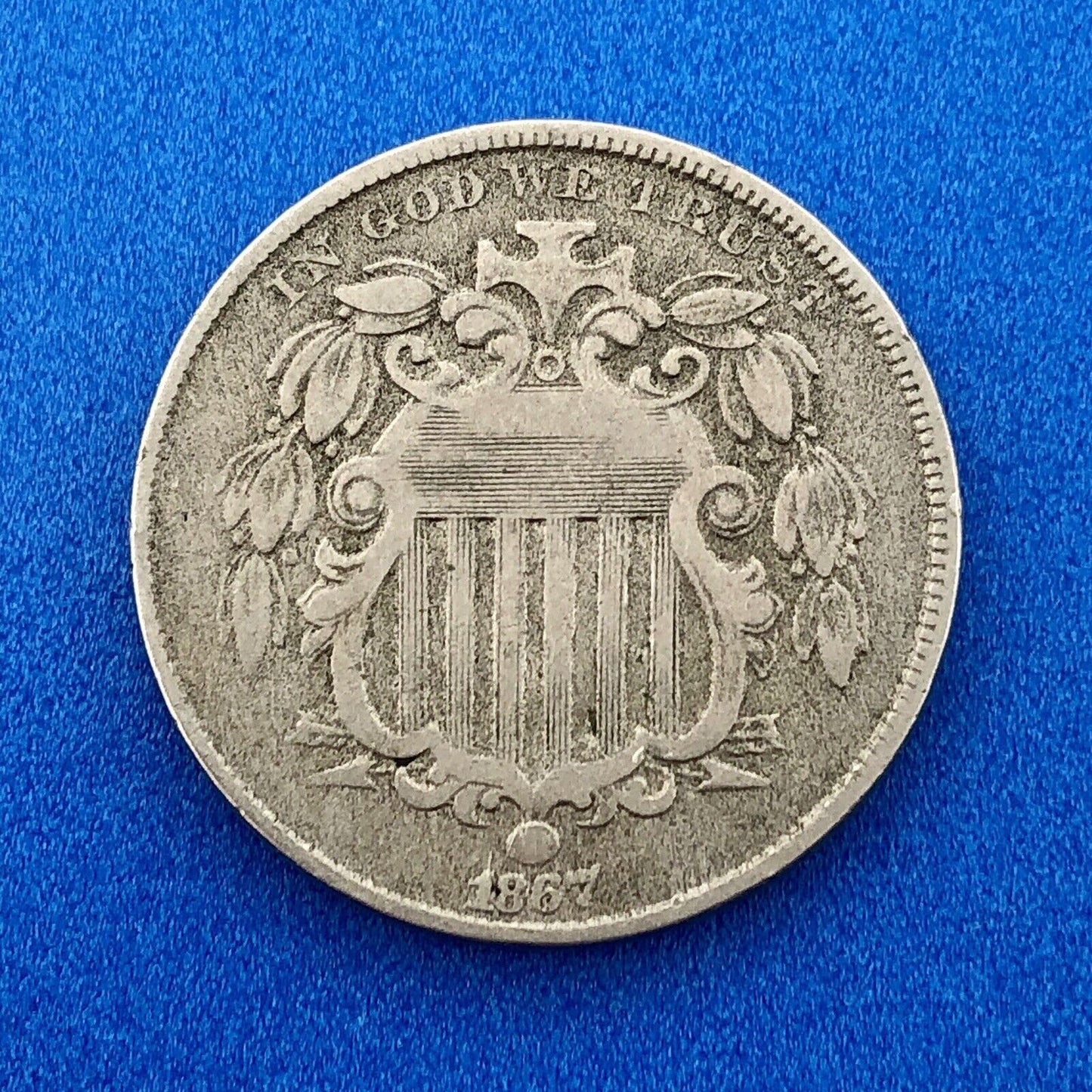 1867 P Shield Nickel Variety 2 Without Rays Better Key Philadelphia Type Coin