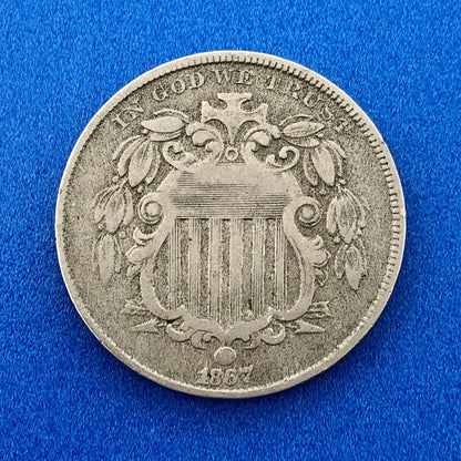 1867 P Shield Nickel Variety 2 Without Rays Better Key Philadelphia Type Coin