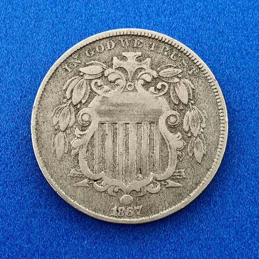 1867 P Shield Nickel Variety 2 Without Rays Better Key Philadelphia Type Coin