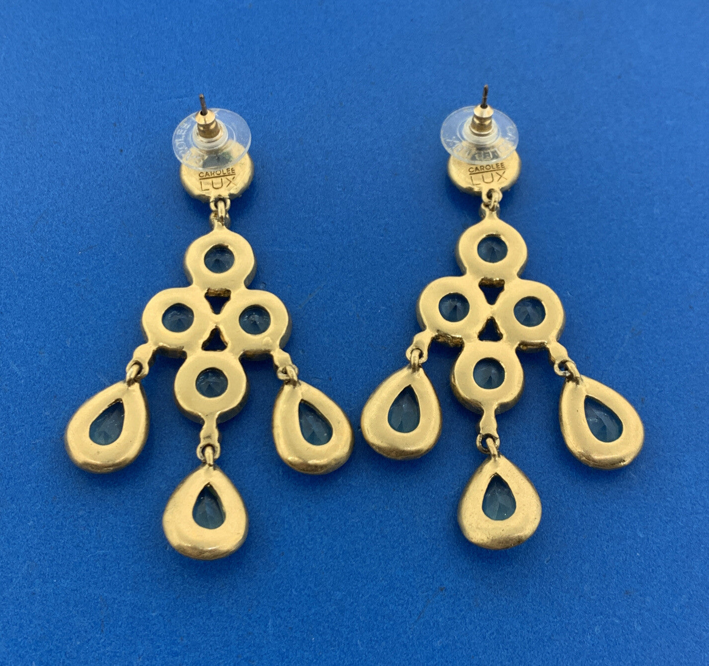 Vintage Carolee Lux Gold Tone Green & Gold Rhinestone Chandelier Dangle Earrings
