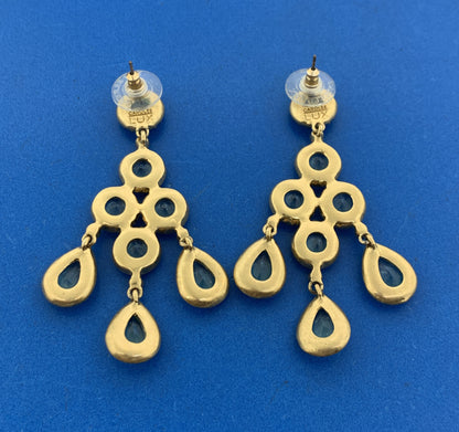 Vintage Carolee Lux Gold Tone Green & Gold Rhinestone Chandelier Dangle Earrings