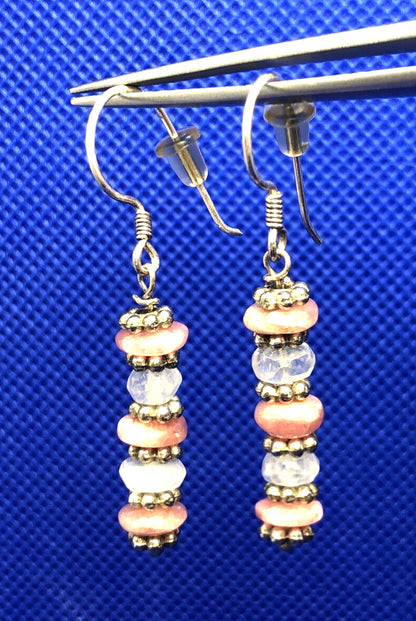 Sterling Silver 925 Pink Rhodochrosite and Moonstone Beaded Hook Dangle Earrings