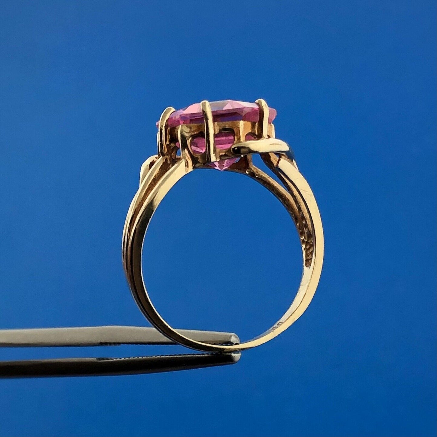 Gorgeous 10k Yellow Gold Faceted Hexagon Pink Ice CZ Modernist Ring Size 6