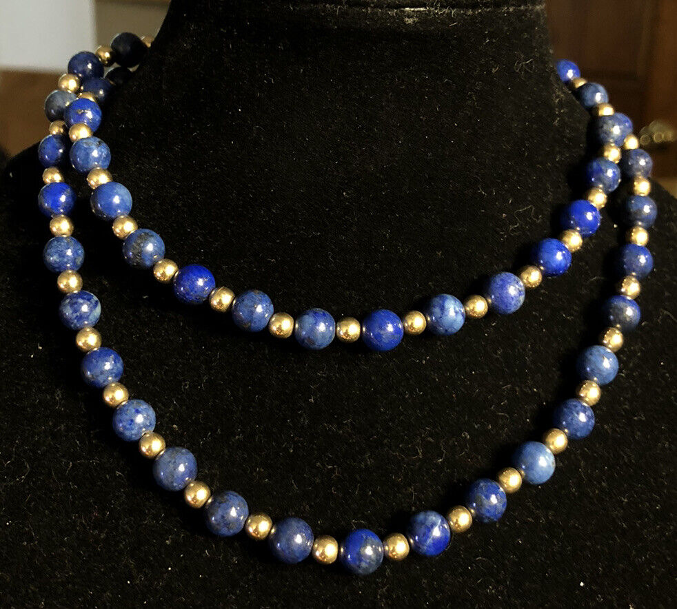 Designer 1/20 14K Yellow Gold & Lapis Lazuli Beaded Clasp Statement Necklace