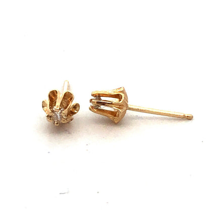 14K Yellow Gold Round Diamond Buttercup Flower Solitaire Stud Earrings