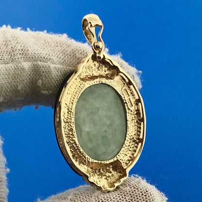 14K Yellow Gold Carved Jade Black Onyx Accented Oval Enhancer Pendant