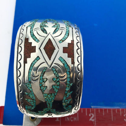 Native American Sterling Silver Turquoise Coral Inlay Storyteller Cuff Bracelet