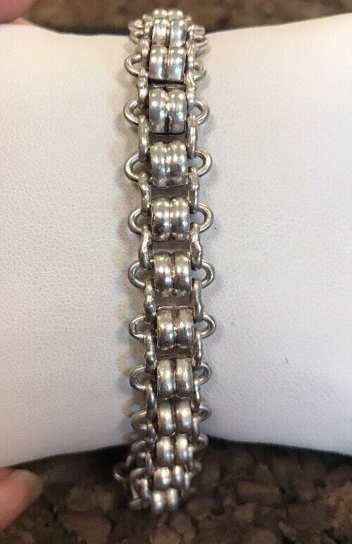 Vintage Heavy Sterling Silver 925 Unisex Biker Railroad Track Link Bracelet