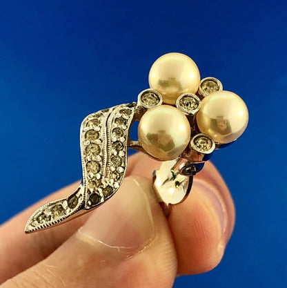 Polcini Signed Silver Tone Rhinestone Faux Pearl Modernist Bouquet Clip Earrings