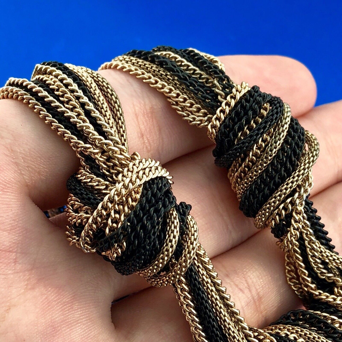 Ladies Gold And Black Tone Oval Cable Link 14 Strand Knotted Statement Necklace