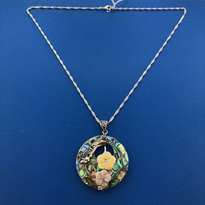 Lee Sands 925 Sterling Silver CZ Abalone Inlaid MOP Flower Pendant Necklace