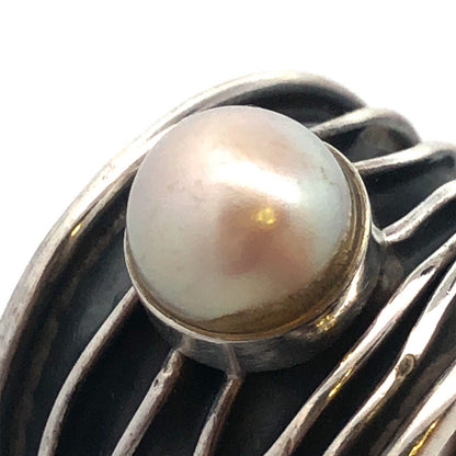 Designer Letty G Sterling Silver Pearl Solitaire Modernist Wide Cigar Band Ring