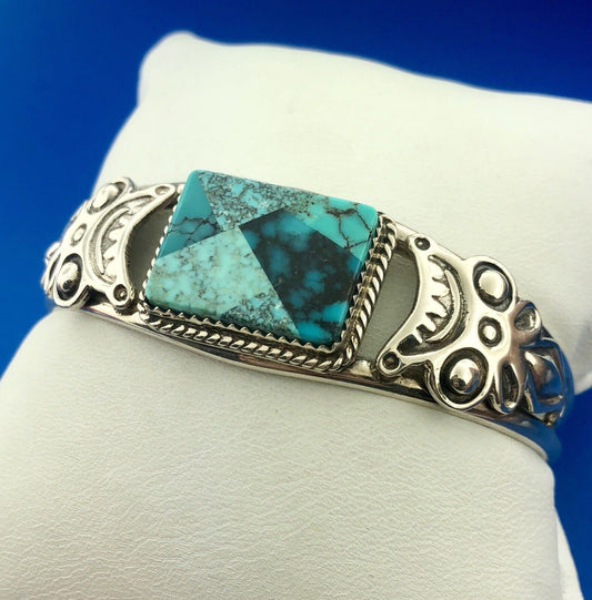 Vintage Benjamin Piaso Jr Navajo Sterling Silver Turquoise Mosaic Cuff Bracelet