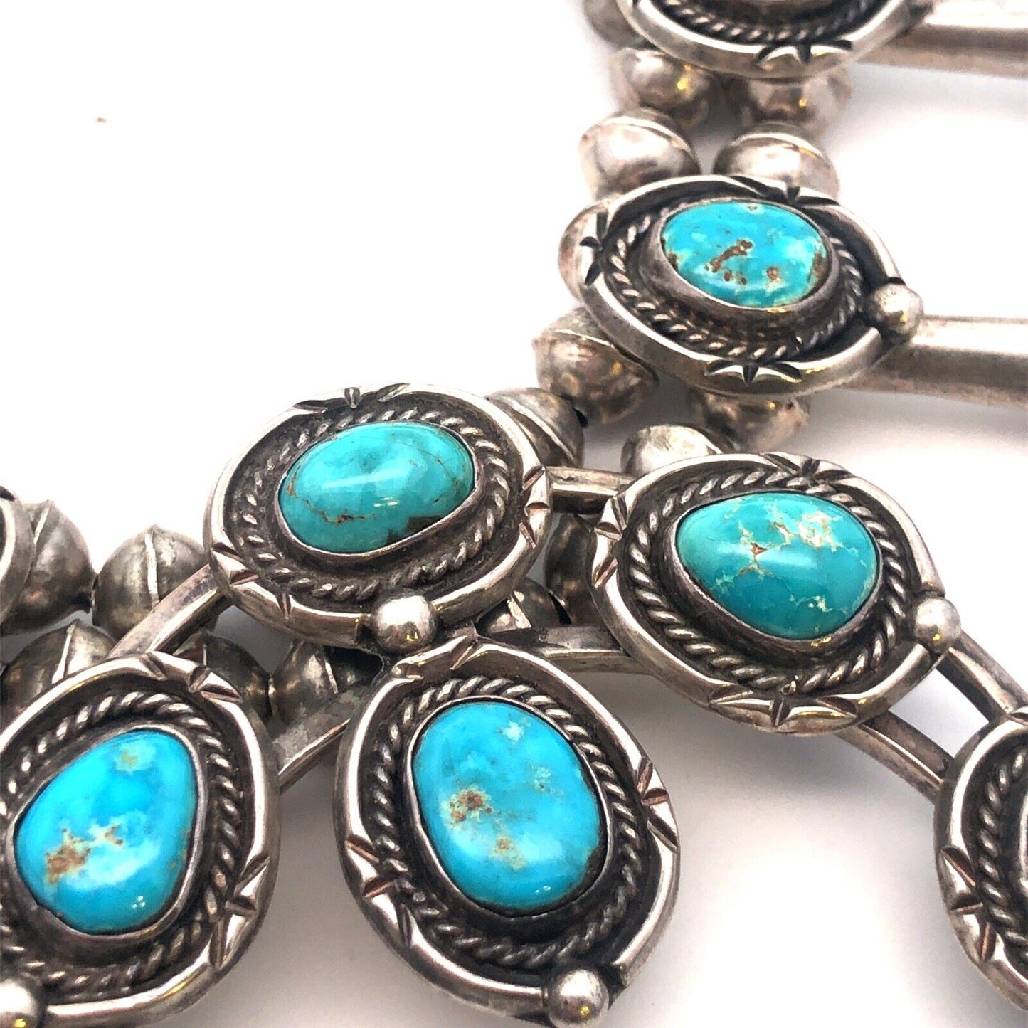 Vintage Native American 925 Sterling Silver Turquoise Squash Blossom Necklace