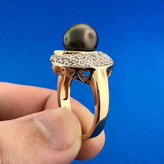Designer 925 Sterling Silver Two Tone Pearl Solitaire White Topaz Accent Ring