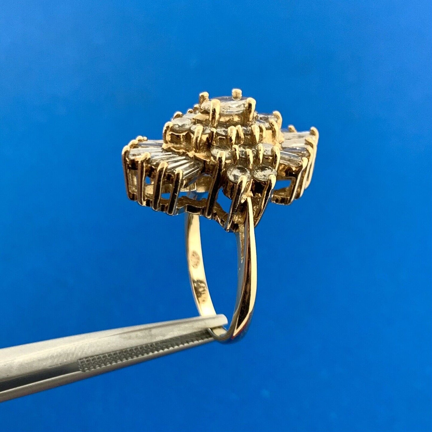 Estate 14K Yellow Gold Diamond Waterfall Cluster Statement Cocktail Ring