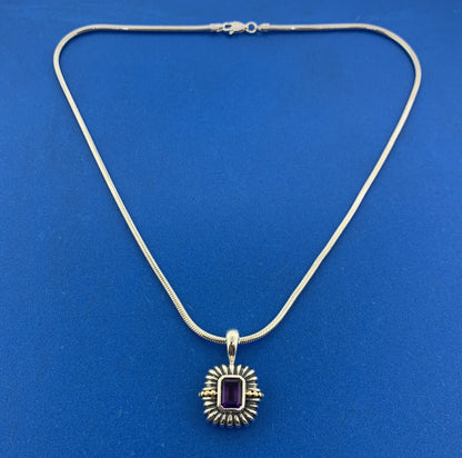 Stunning Sterling Silver 925 18k Trim Purple Amethyst Pendant 16" Chain Necklace