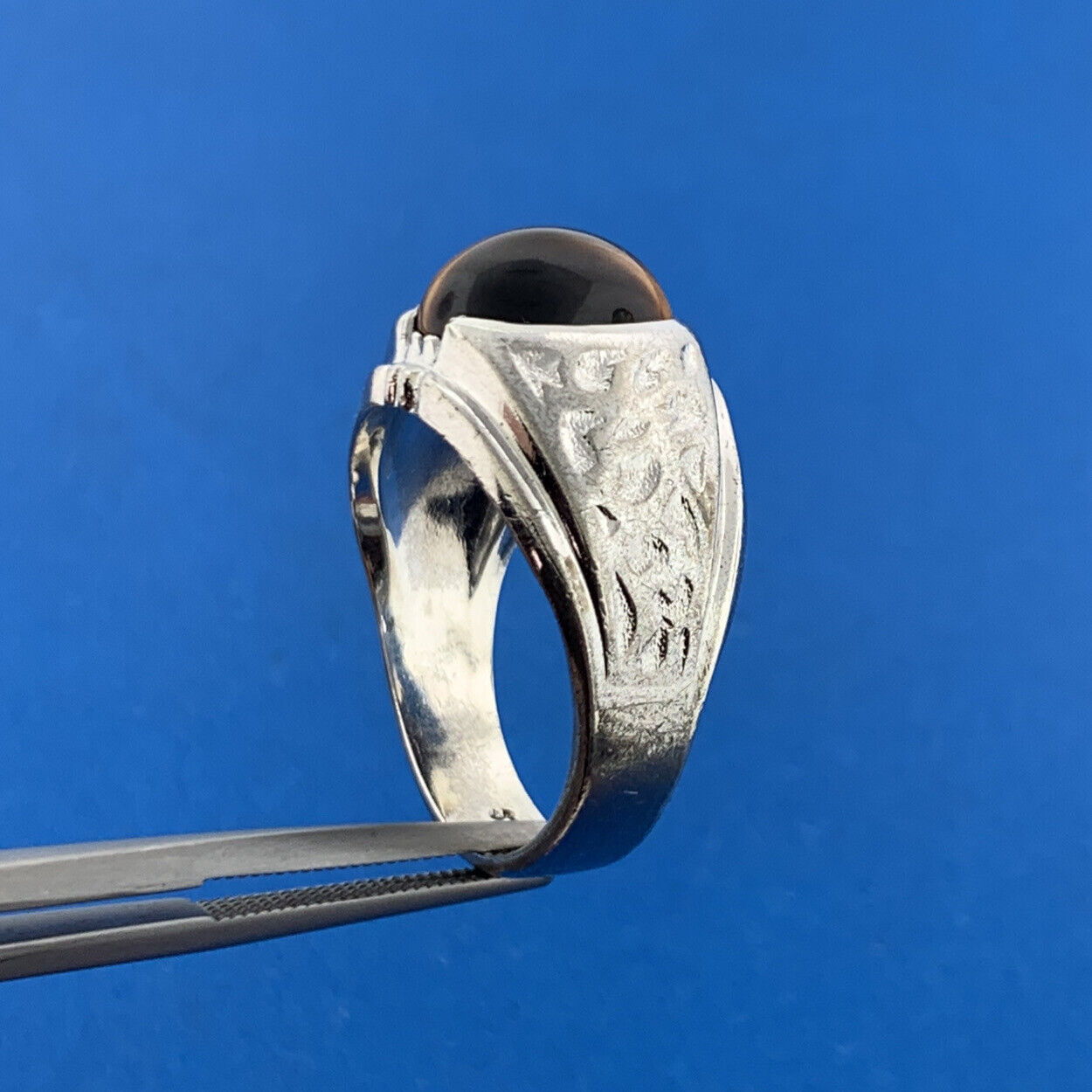 Vintage Designer 925 Sterling Silver Oval Tiger Eye Cabochon Unisex Dome Ring