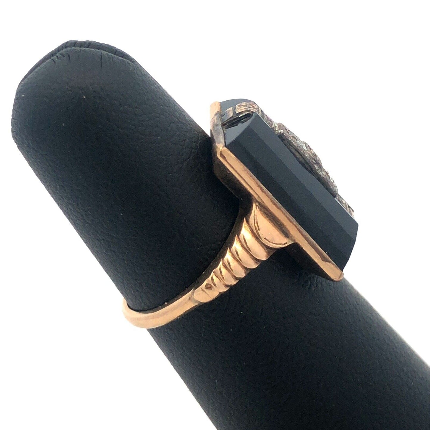 Art Nouveau Art Deco 10K Yellow Gold Diamond Black Onyx Statement Cocktail Ring