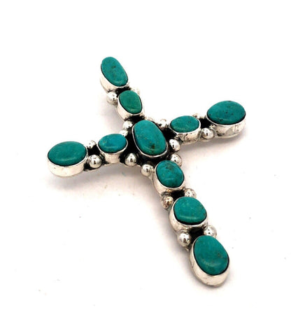 Estate 925 Sterling Silver Oval Turquoise Bezel Large Cross Statement Pendant