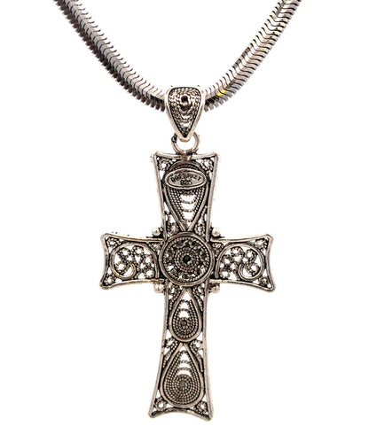 925 Sterling Silver Filigree Floral Cross Rope Chain Lariat Necklace