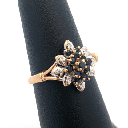 Vintage 10K Yellow Gold Sapphire Diamond Flower Waterfall Cluster Cocktail Ring