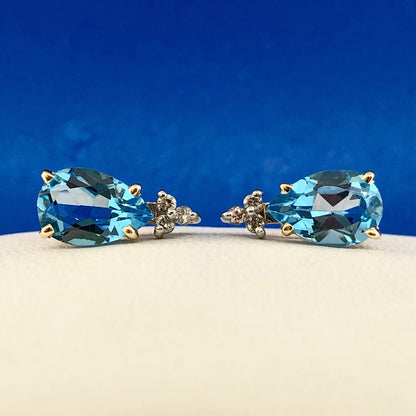 14K Yellow Gold Swiss Blue Topaz Diamond December Anniversary Pear Stud Earrings