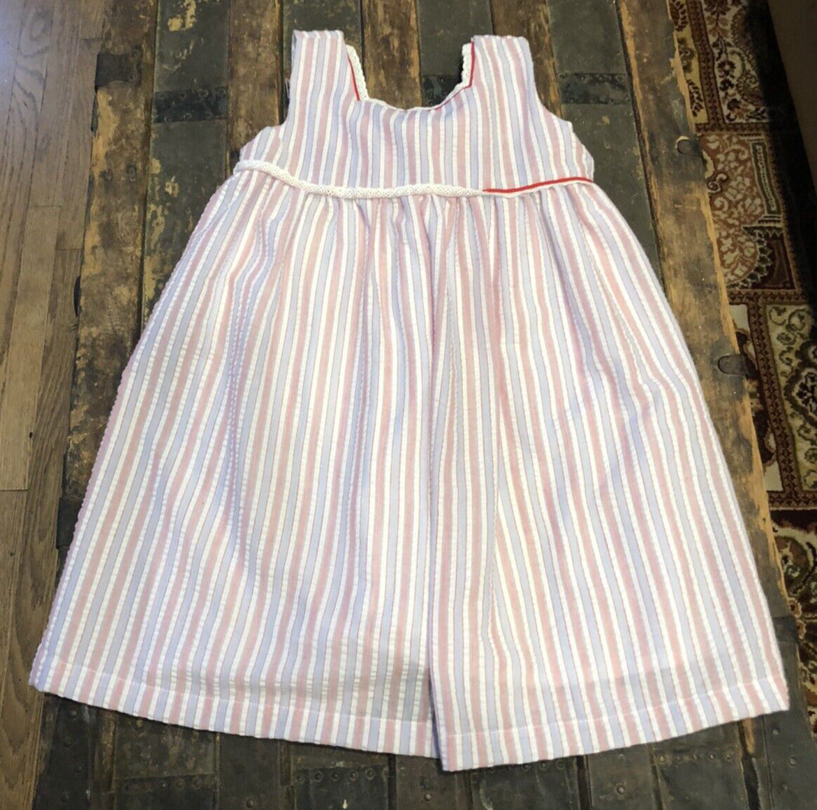 The Oaks Apparel Company Red White Blue Seersucker Girls Size 6 Lined Sundress