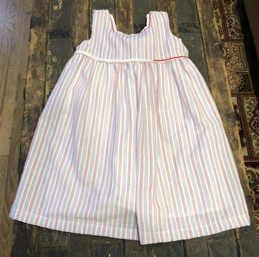 The Oaks Apparel Company Red White Blue Seersucker Girls Size 6 Lined Sundress