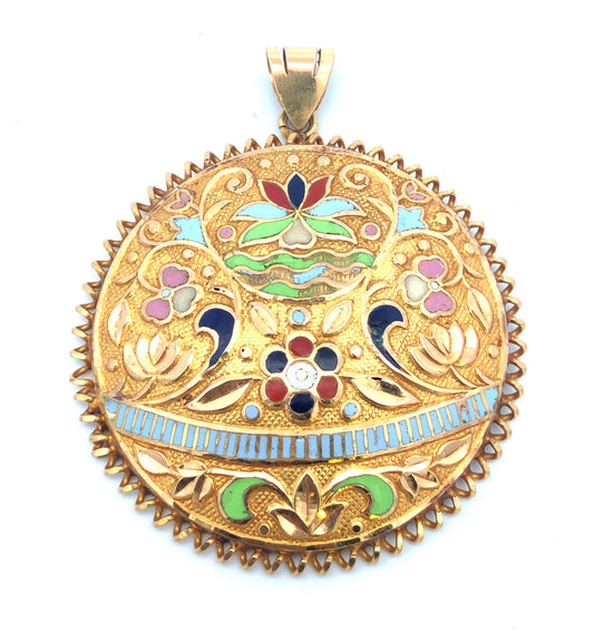 Vintage 18K Yellow Gold Multi Colored Enamel Floral Statement Medallion Pendant