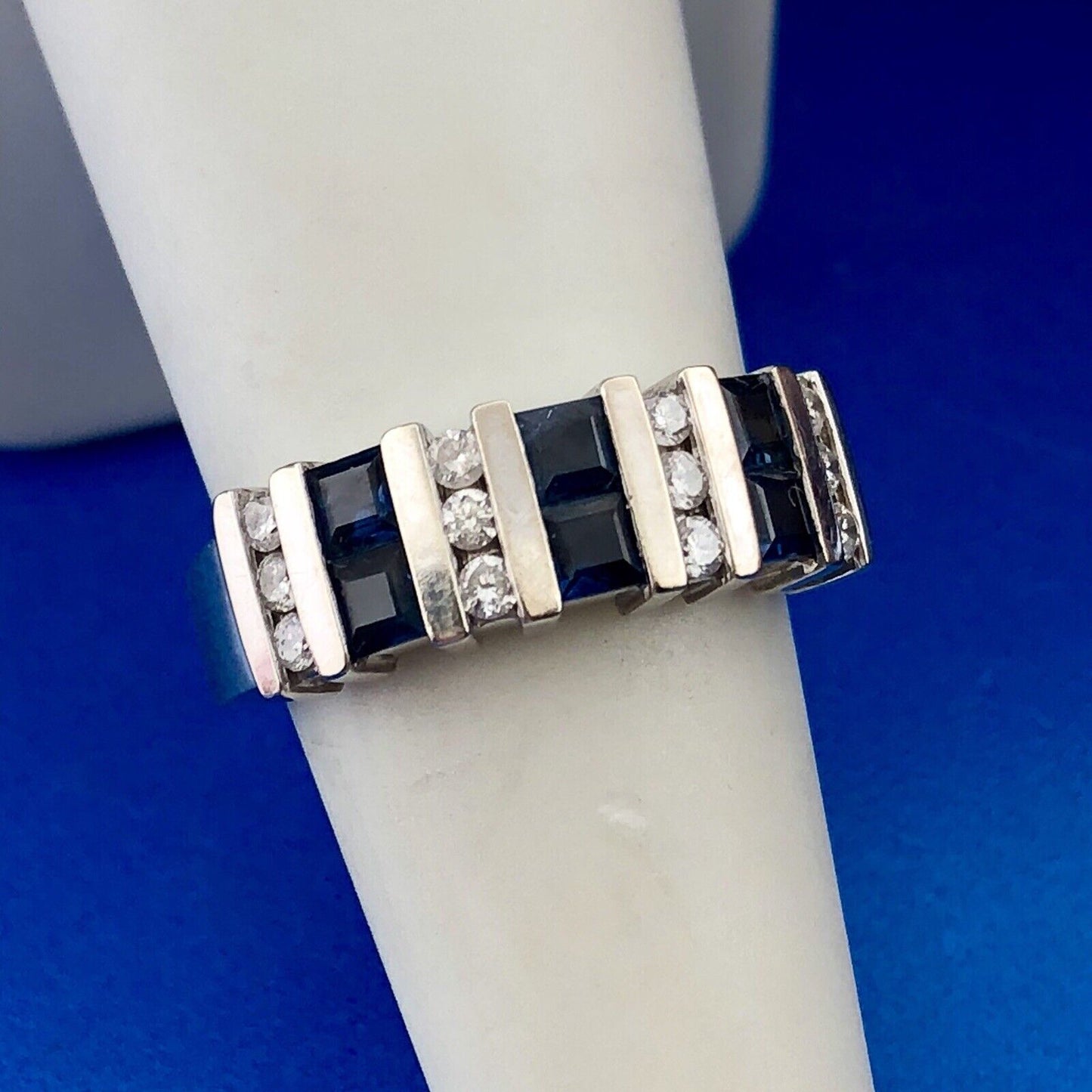 Retro Designer 14K White Gold Diamond Sapphire Channel Set Tapered Band Ring