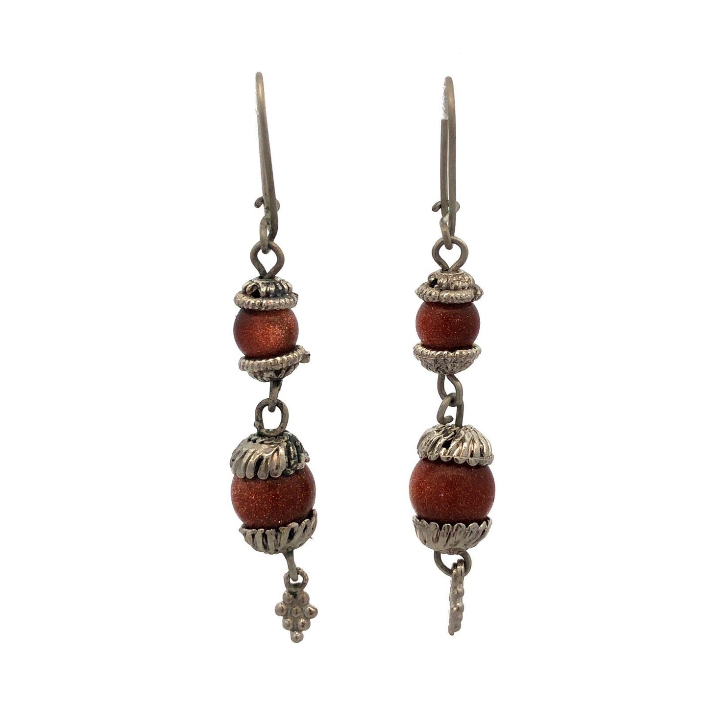 Vintage Silver Tone Orange Goldstone Glitter Beaded Hook Dangle Earrings