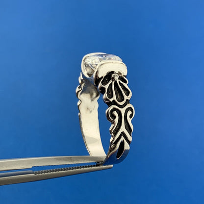 Designer 925 Sterling Silver White Amethyst Solitaire Floral Scroll Ring