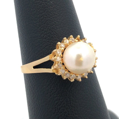 Designer 14K Yellow Gold Pearl Solitaire Diamond Halo Anniversary Cocktail Ring