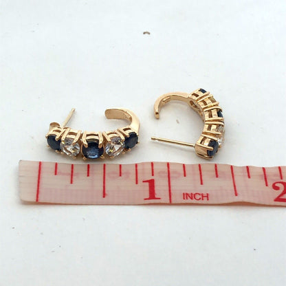 Designer 14K Yellow Gold Round Blue White Sapphire Half Hoop Drop Stud Earrings