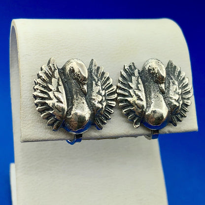 Art Deco Art Nouveau Artisan 925 Sterling Silver Swan Screw Back Earrings