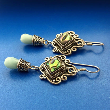 BA Suarti Sterling Silver 925 Abalone Aventurine Statement Drop Dangle Earrings