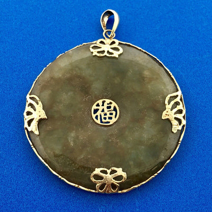 Vintage 14K Yellow Gold Jadeite Jade Chinese Character Good Luck Amulet Pendant